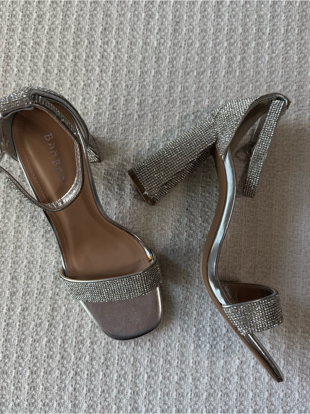 BAMBOO Silver Rhinestone Block Heel Sandals - never worn